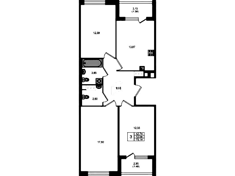 3-комнатная квартира 72.09 м², 3/5 эт., ЖК «Plus Пулковский»